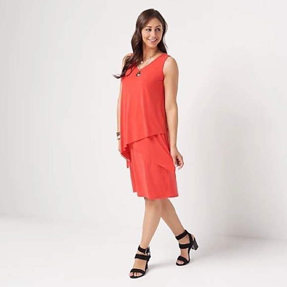 Susan Graver Regular Liquid Knit Sleeveless Tiered Asymmetrical Hem Dress - Picture 1 of 17